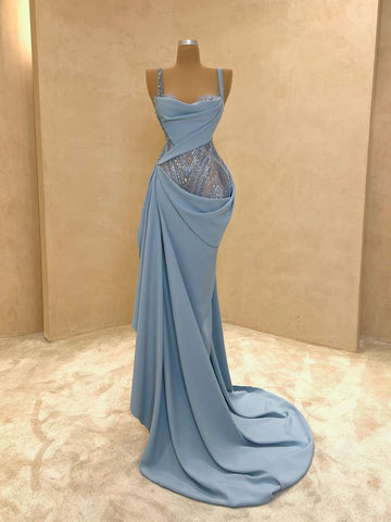Niulatu Spaghetti Strap Sheath Blue Long Prom Dresses Chiffon Sky Blue Evening Dresses HZ1026